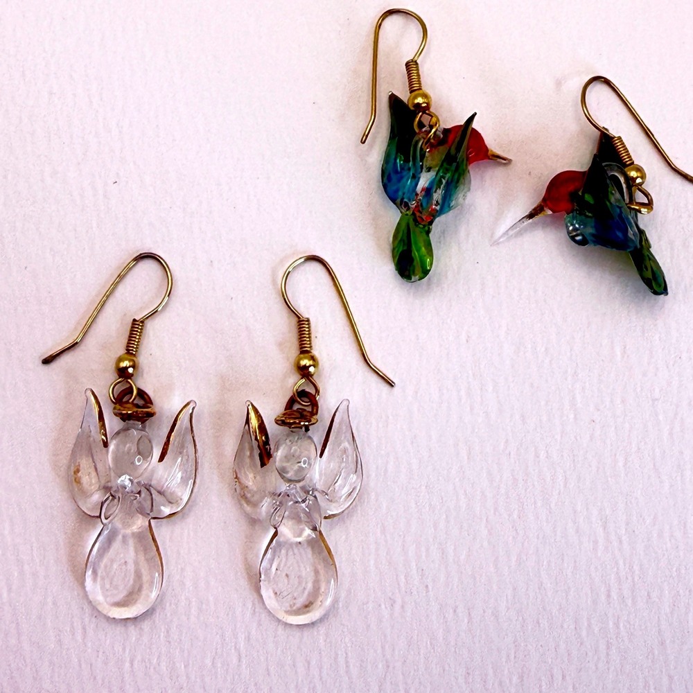 Art Glass Earring Bundle Handblown Angel and Hummingbird‎ Gold Tone Hooks Pair